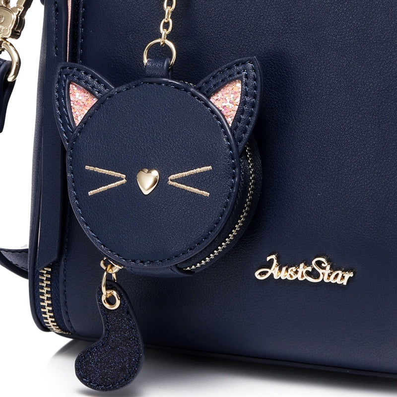 Cute Funny Funny Cute Handbag Blue Leather Cat Embroidery