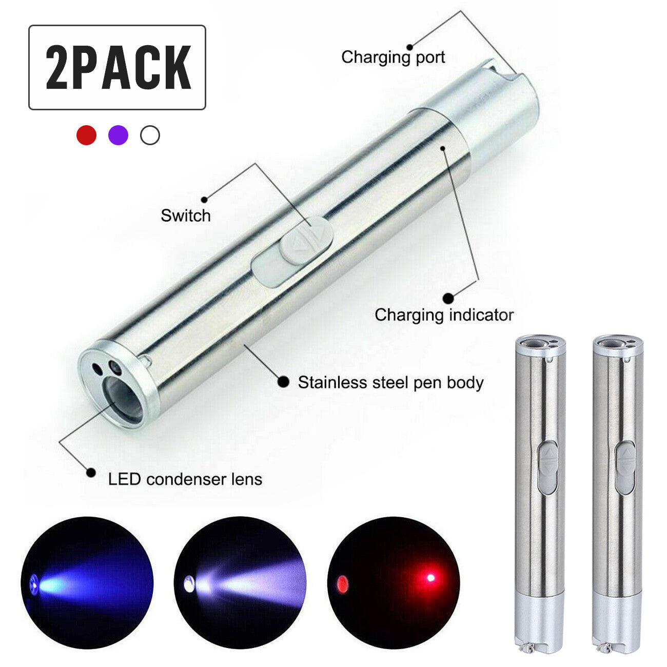 Red Laser Pointer Pen USB Rechargeable LED Light 3 In 1 UV Flashlight 2pcs Cat Dog Toys