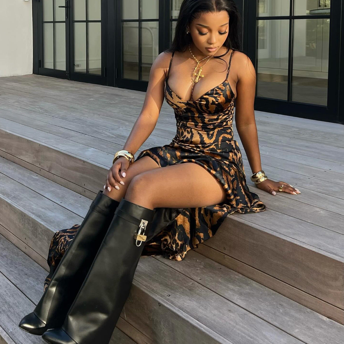 Edgy Wild-Style Printed Slip Maxi Dress