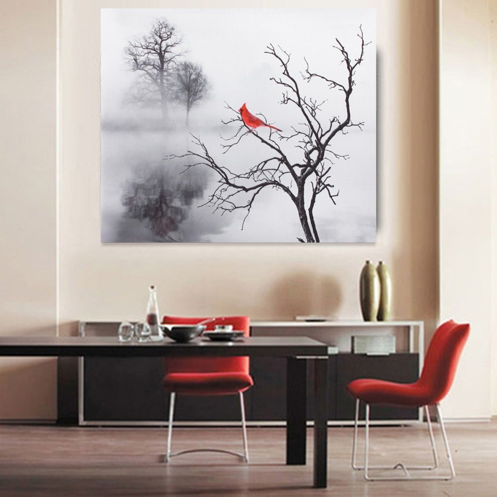 Water Tree Landscape Canvas Red Bird Fog Wonderland Poster Home Decoration